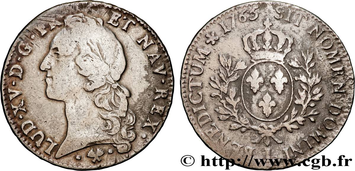 LOUIS XV DIT LE BIEN AIMÉ Écu aux branches d’olivier, tête ceinte d’un bandeau 1765 Bayonne TB+