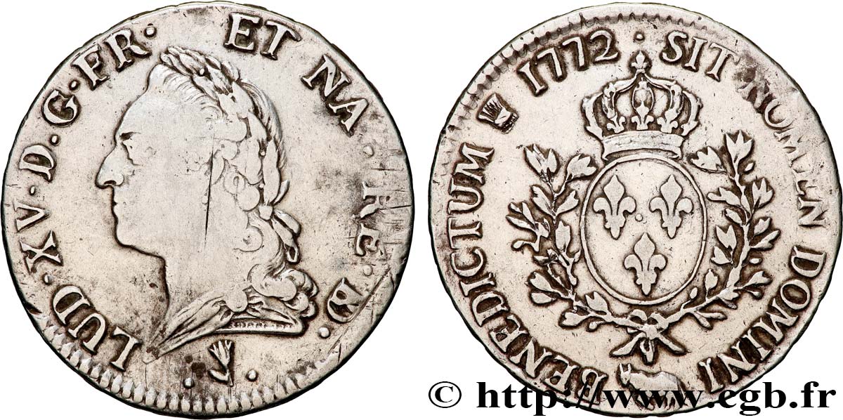 LOUIS XV DIT LE BIEN AIMÉ Écu aux branches d’olivier, buste lauré 1772 Pau TB/TTB