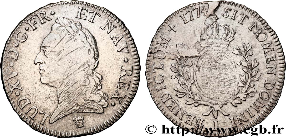 LOUIS XV DIT LE BIEN AIMÉ Écu aux branches d’olivier, buste lauré 1774 Limoges TB+