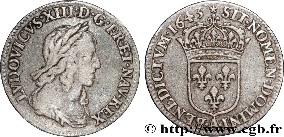 LOUIS XIII LE JUSTE Douzième d écu, buste drapé et cuirassé (2e buste de Jean Warin) 1643 Paris, Monnaie de Matignon TB+/TTB