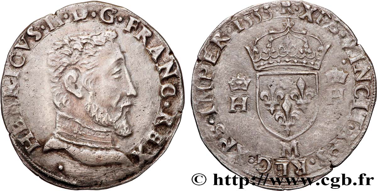 HENRI II Teston à la tête nue, 5e type 1555 Toulouse TTB+/TTB