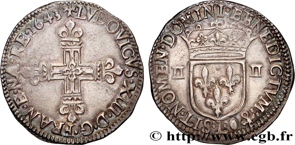 LOUIS XIII  Quart d écu, à la croix fleurdelisée, titulature côté croix 1643 Bayonne AU