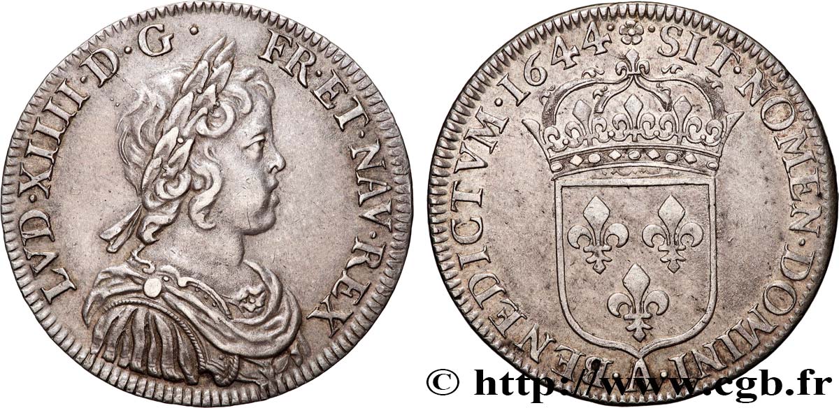LOUIS XIV  THE SUN KING  Demi-écu, portrait à la mèche courte 1644 Paris, Monnaie de Matignon AU