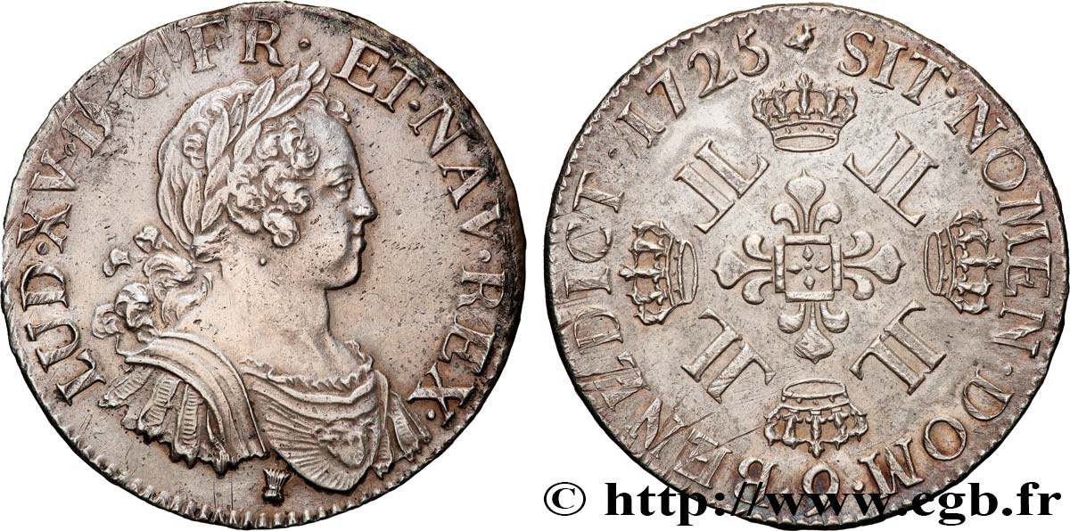 LOUIS XV  THE WELL-BELOVED  Écu à la croix fleurdelisée couronnée et aux huit L 1725 Rennes AU