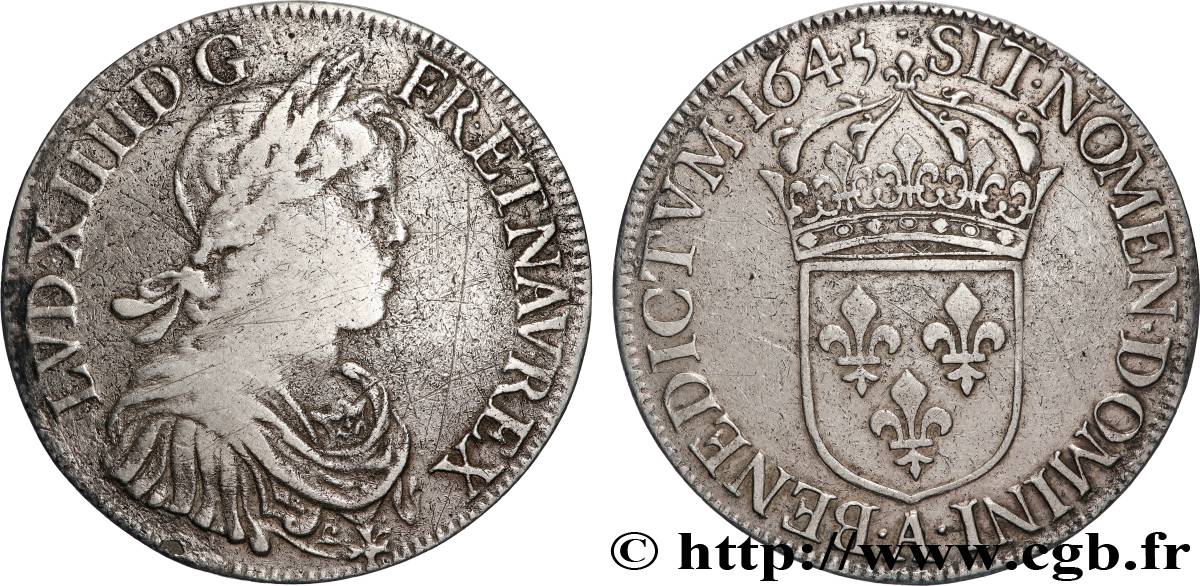 LOUIS XIV  THE SUN KING  Écu, portrait à la mèche courte 1645 Paris, Monnaie du Louvre XF/AU