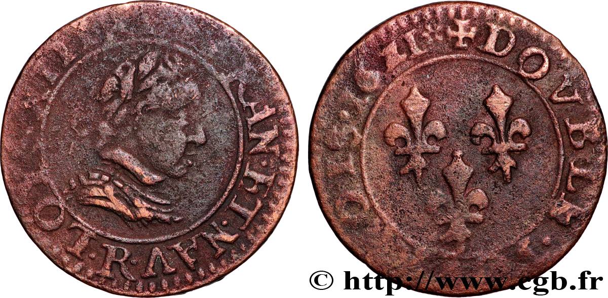 LOUIS XIII  Double tournois, type 3 1621 Saint-André de Villeneuve-lès-Avignon q.BB