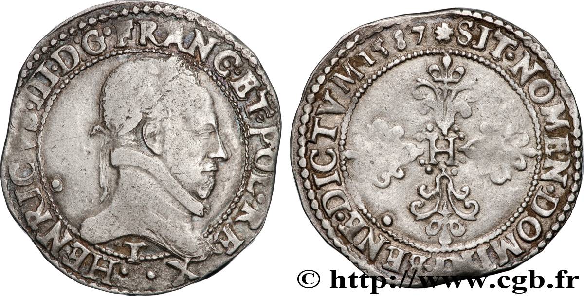 HENRI III Demi-franc au col plat 1587 Nantes TB+/TTB