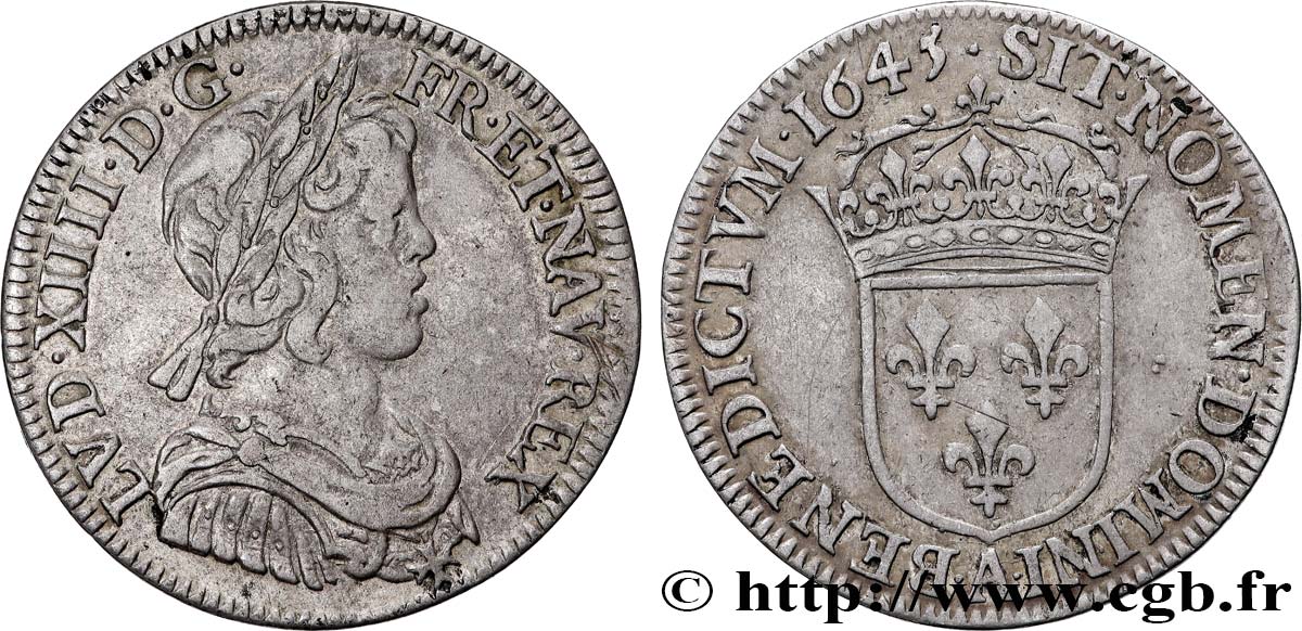 LOUIS XIV  THE SUN KING  Quart d écu, portrait à la mèche courte 1645 Paris, Monnaie du Louvre XF