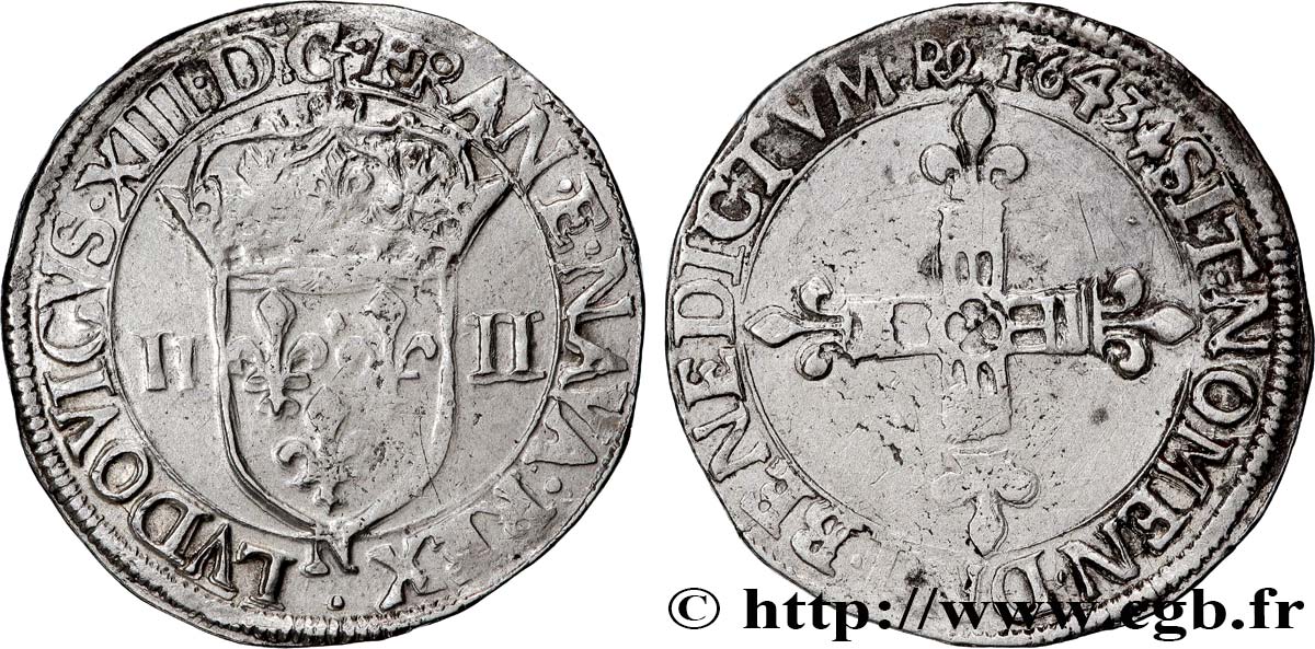 LOUIS XIII LE JUSTE Quart d écu, à la croix fleurdelisée, titulature côté écu 1643 Montpellier TTB
