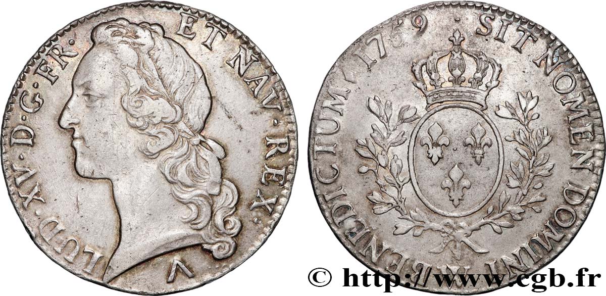 LOUIS XV  THE WELL-BELOVED  Écu aux branches d’olivier, tête ceinte d’un bandeau 1759 Lille AU