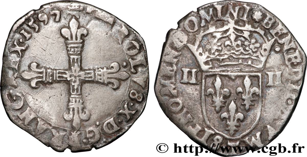 CHARLES X, CARDINAL DE BOURBON Teston à la tête nue, 1er type 1597 Nantes TTB