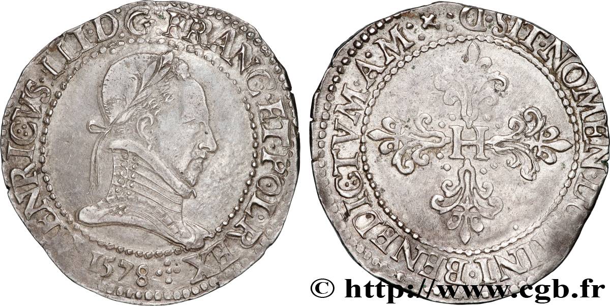 HENRI III Franc au col plat 1578 Lyon TTB+