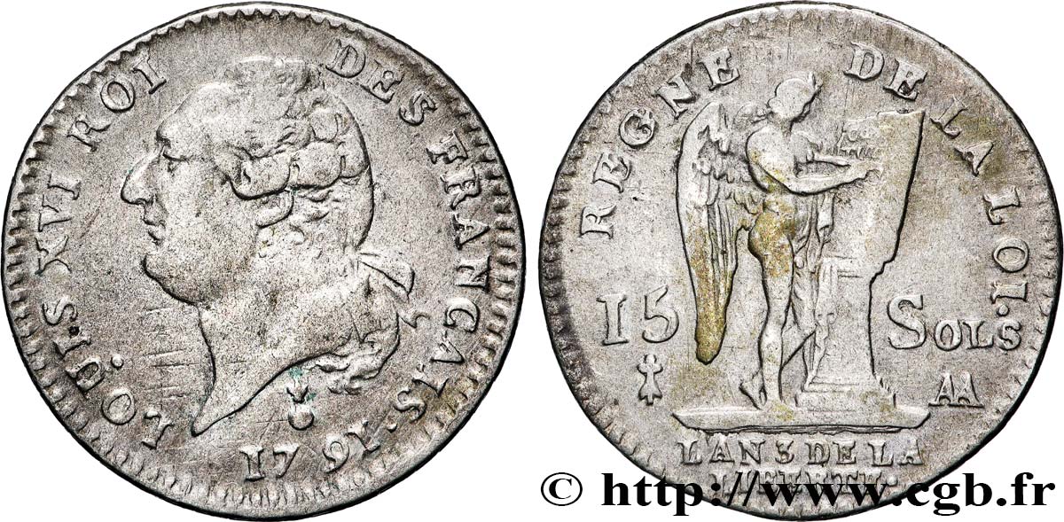 LOUIS XVI (MONARQUE CONSTITUTIONNEL)  15 sols dit  au génie , type FRANCAIS 1791 Metz TTB