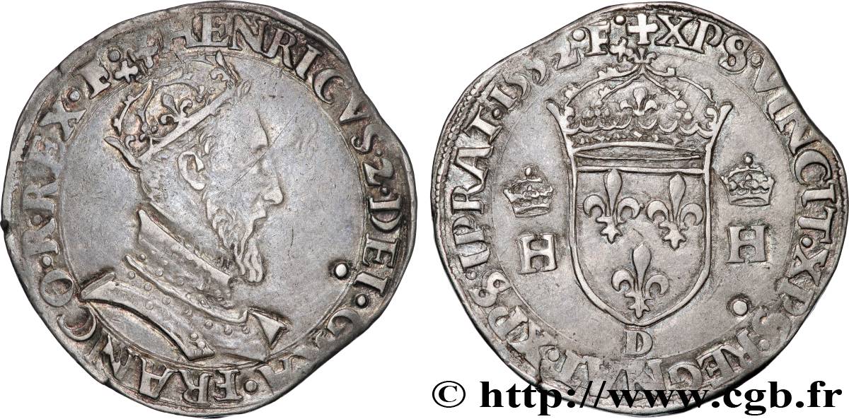 HENRI II Teston à la tête couronnée 1552 Lyon TTB+
