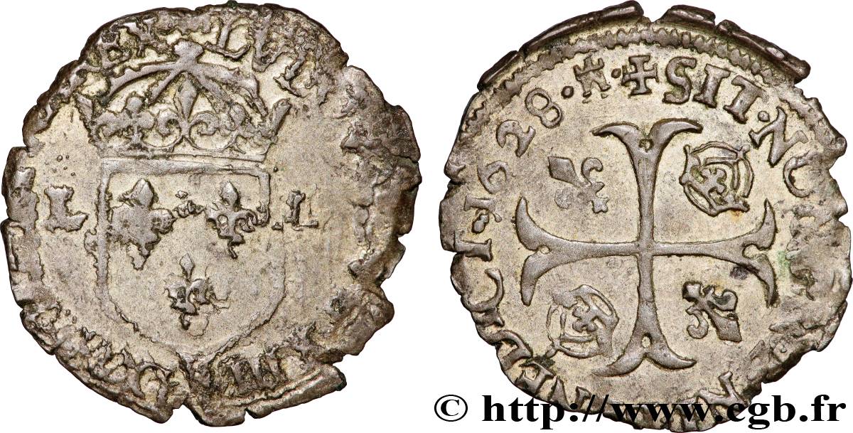 LOUIS XIII  Douzain, à la croix cantonnée de deux lis et de deux couronnes (émission protestante) 1628 Nîmes VF/AU