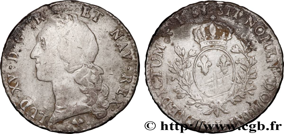 LOUIS XV DIT LE BIEN AIMÉ Écu aux branches d’olivier, tête ceinte d’un bandeau 1768 Bayonne TB+