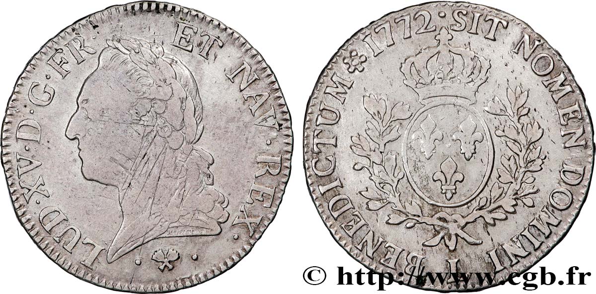 LOUIS XV DIT LE BIEN AIMÉ Écu aux branches d’olivier, buste lauré 1772 Bayonne TB+
