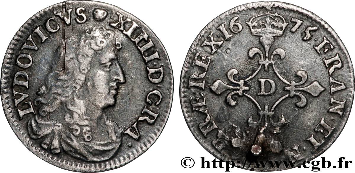 LOUIS XIV  THE SUN KING  Quatre sols à la croix formée de lis 1675 Vimy-en-Lyonnais (actuellement Neuville-sur-Saône) SS