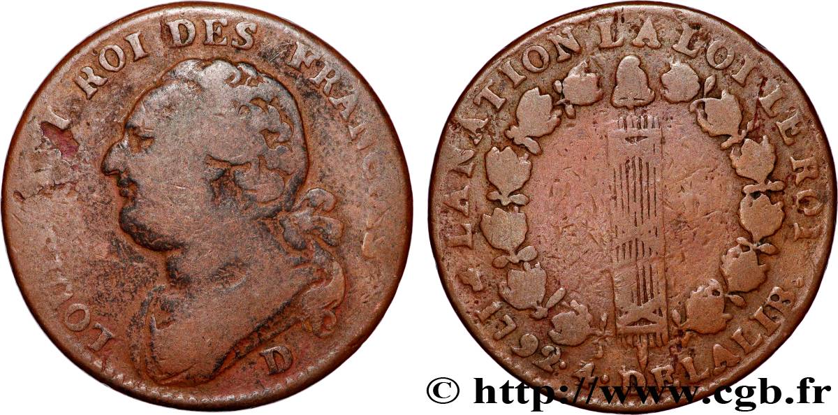 LOUIS XVI 12 deniers dit  au faisceau , type FRANCOIS 1792 Lyon S