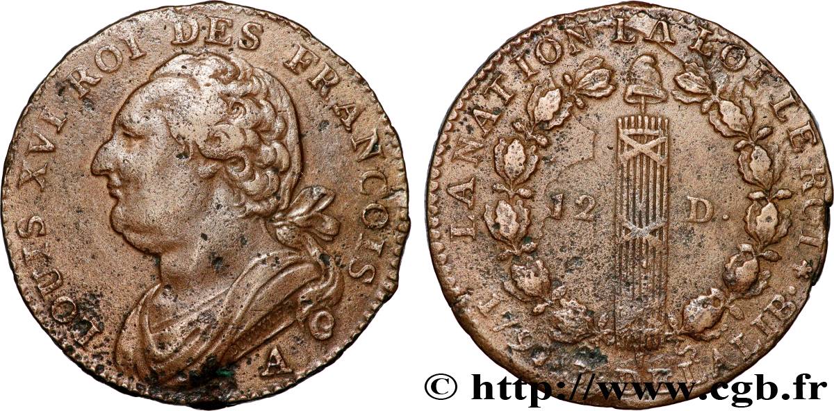 LOUIS XVI (MONARQUE CONSTITUTIONNEL)  12 deniers dit  au faisceau , type FRANCOIS 1791 Paris TTB