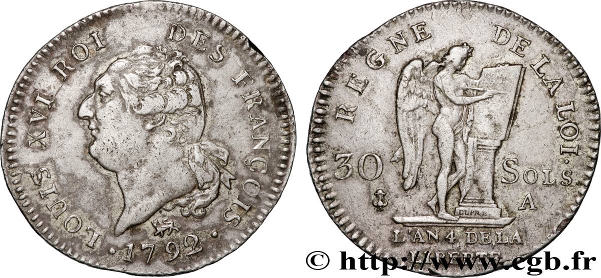 LOUIS XVI (MONARQUE CONSTITUTIONNEL)  30 sols dit  au génie , type FRANÇOIS 1792 Paris TTB