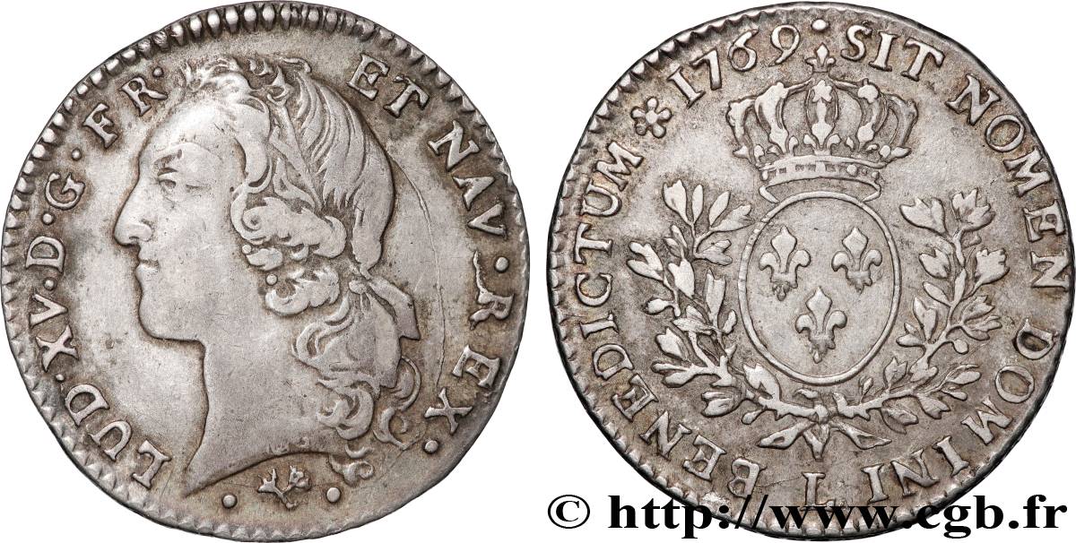 LOUIS XV DIT LE BIEN AIMÉ Cinquième d’écu aux branches d’olivier, tête ceinte d’un bandeau 1769 Bayonne TTB