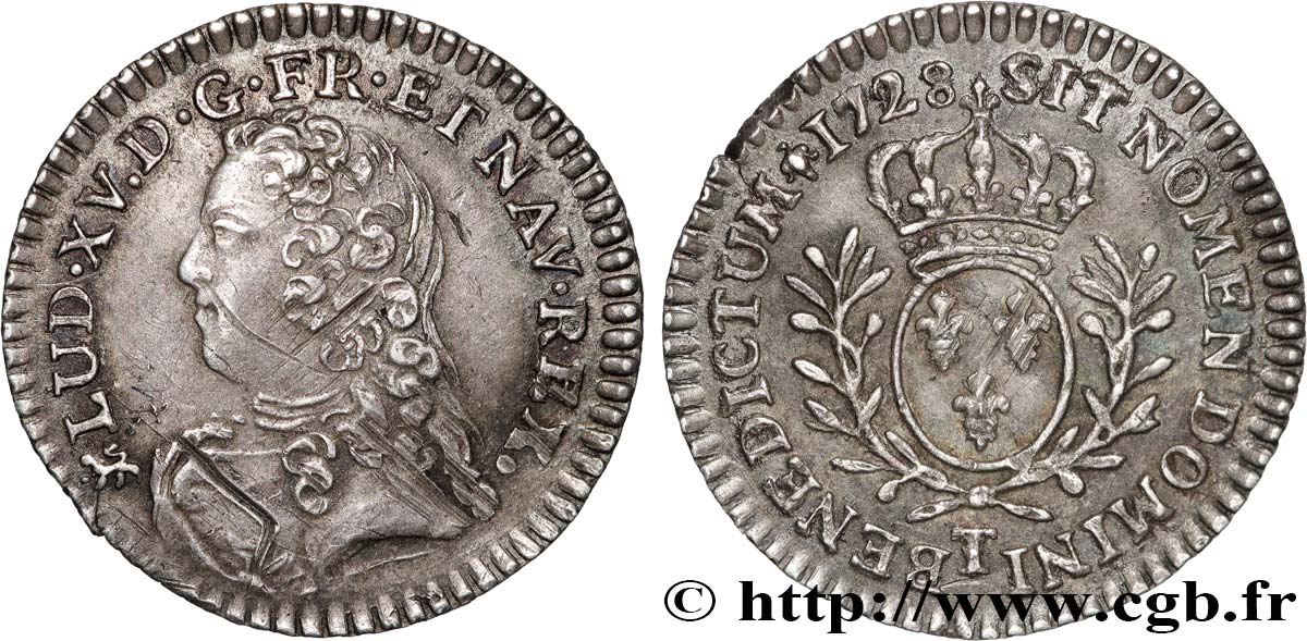 LOUIS XV DIT LE BIEN AIMÉ Vingtième d’écu aux branches d’olivier, buste habillé 1728 Nantes TTB+/SUP