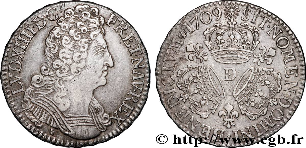 LOUIS XIV LE GRAND OU LE ROI SOLEIL Demi-écu aux trois couronnes 1709 Lyon TTB+