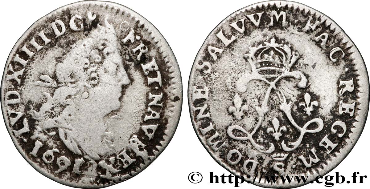 LOUIS XIV LE GRAND OU LE ROI SOLEIL Quatre sols aux deux L 1691 Troyes TB