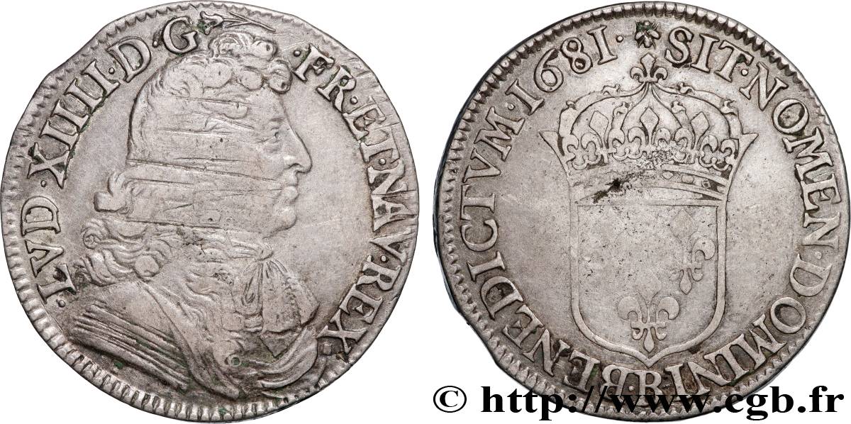 LOUIS XIV LE GRAND OU LE ROI SOLEIL Demi-écu, portrait à la cravate courte 1681 Rouen TB
