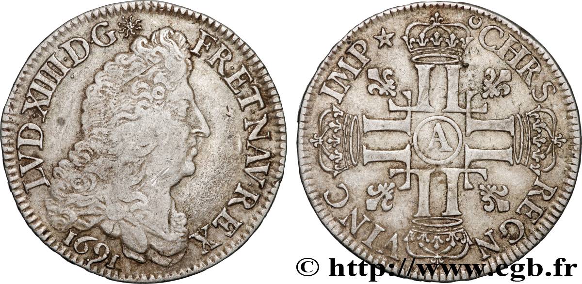 LOUIS XIV LE GRAND OU LE ROI SOLEIL Demi-écu aux huit L, 1er type 1691 Paris TTB