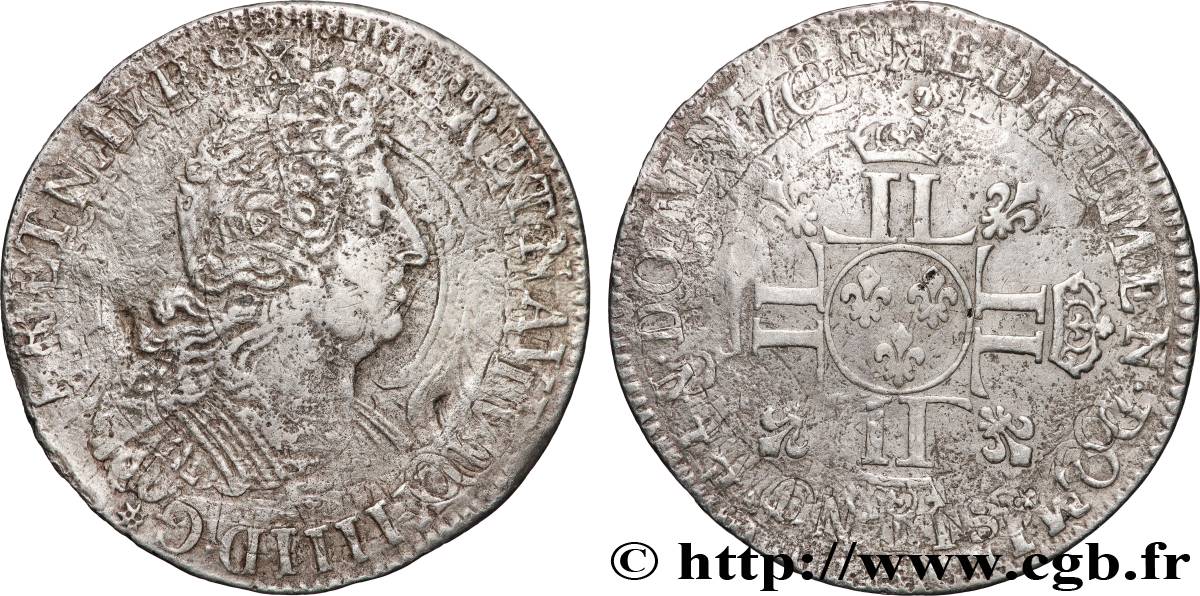 LOUIS XIV LE GRAND OU LE ROI SOLEIL Quart d écu aux huit L, 2e type s.m. Paris TB