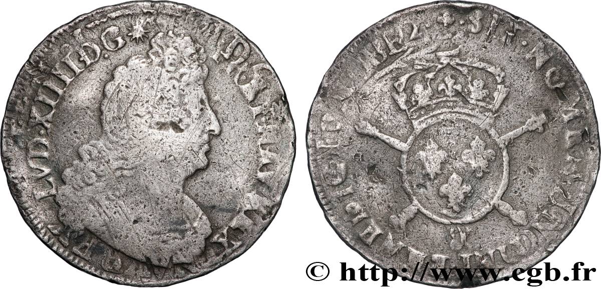 LOUIS XIV LE GRAND OU LE ROI SOLEIL Demi-écu aux insignes 1702 Aix-en-Provence B+