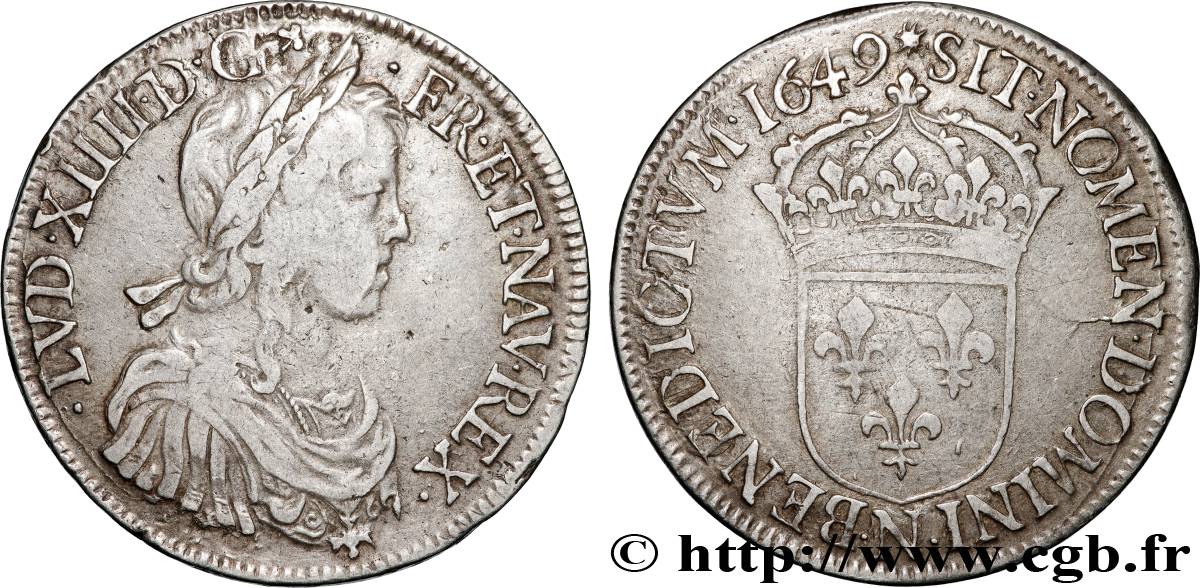LOUIS XIV LE GRAND OU LE ROI SOLEIL Écu, portrait à la mèche longue 1649 Montpellier TB+/TTB