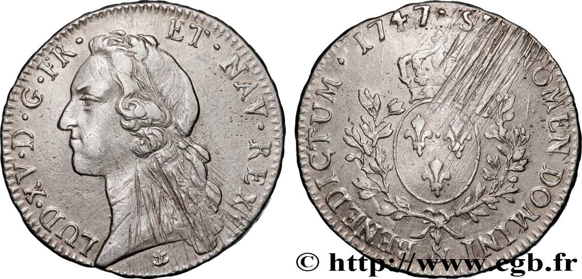 LOUIS XV DIT LE BIEN AIMÉ Écu aux branches d’olivier, tête ceinte d’un bandeau 1747 Montpellier TB+