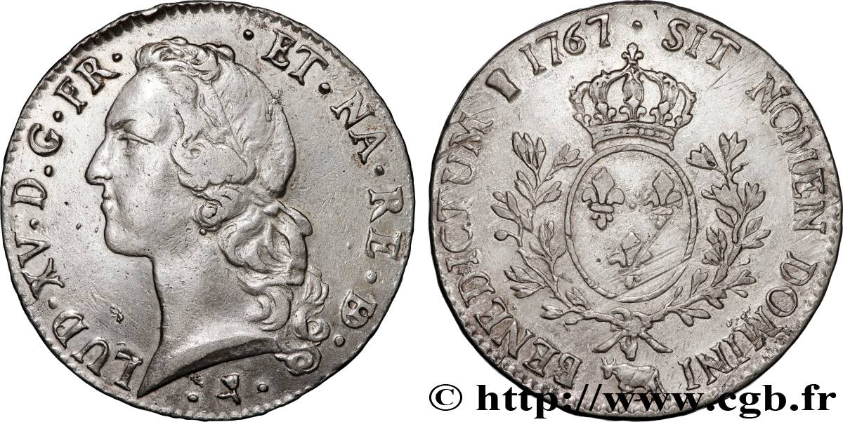 LOUIS XV DIT LE BIEN AIMÉ Écu aux branches d’olivier, tête ceinte d’un bandeau 1767 Pau TTB
