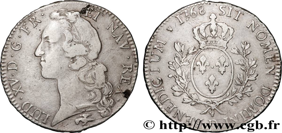LOUIS XV DIT LE BIEN AIMÉ Écu aux branches d’olivier, tête ceinte d’un bandeau 1768 Lyon TB+/TTB