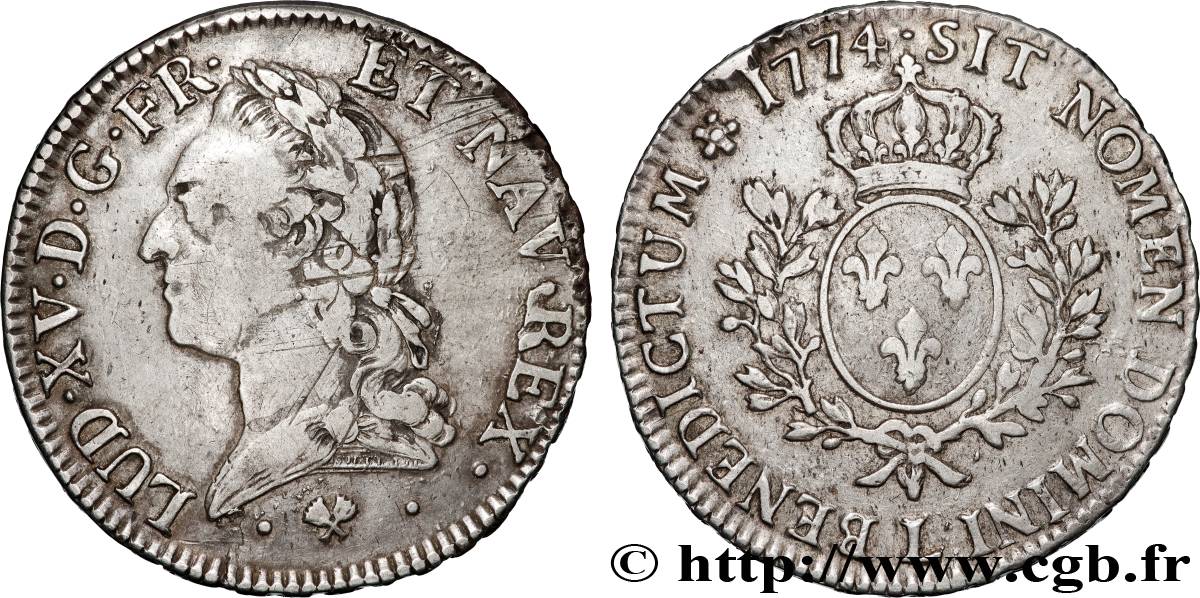 LOUIS XV DIT LE BIEN AIMÉ Écu aux branches d’olivier, buste lauré 1774 Bayonne TB/TB+