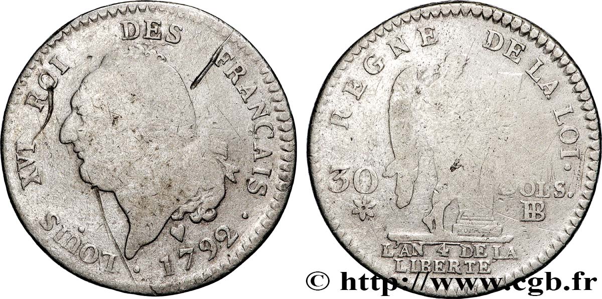 LOUIS XVI (MONARQUE CONSTITUTIONNEL)  30 sols dit  au génie , type FRANÇAIS 1792 Strasbourg TB/B+