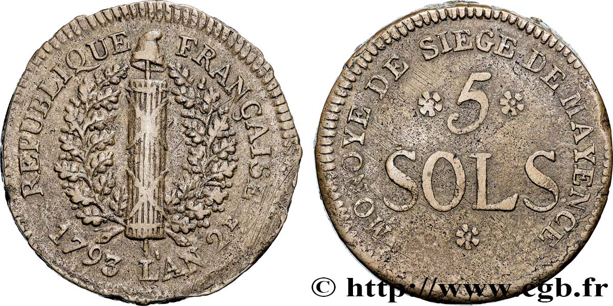 SIEGE OF MAINZ 5 sols 1793 Mayence BB