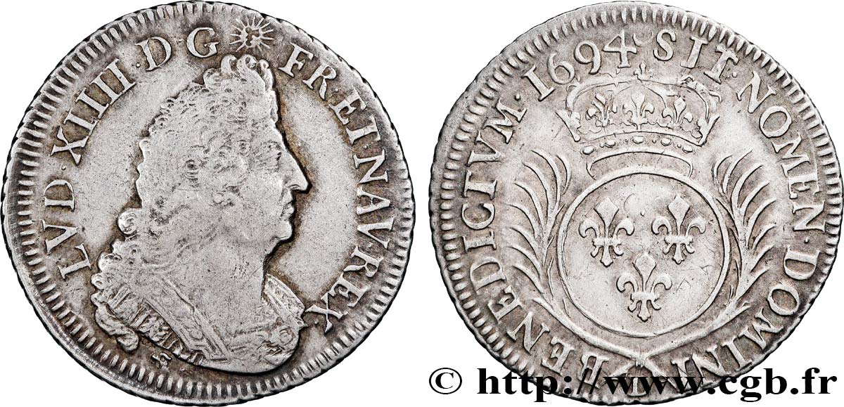 LOUIS XIV LE GRAND OU LE ROI SOLEIL Quart d écu aux palmes 1694 Lyon TTB