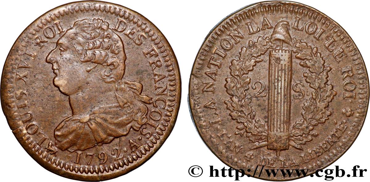 LOUIS XVI (MONARQUE CONSTITUTIONNEL)  2 sols dit  au faisceau , type FRANÇOIS 1792 Paris TTB+/SUP