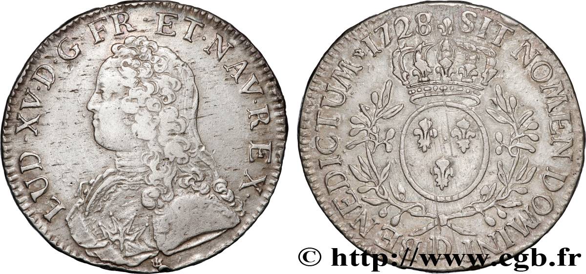 LOUIS XV DIT LE BIEN AIMÉ Écu aux branches d olivier, buste habillé 1728 Lyon TTB/TTB+