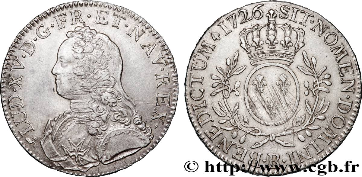 LOUIS XV DIT LE BIEN AIMÉ Écu aux branches d olivier, buste habillé 1726 Rouen SUP
