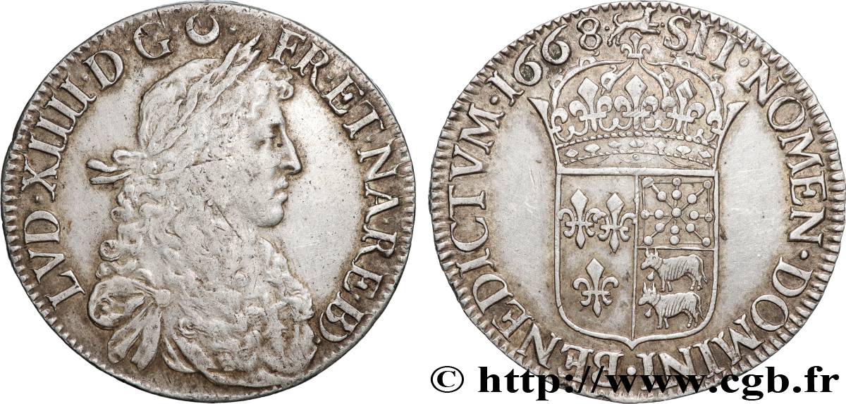 LOUIS XIV  THE SUN KING  Écu de Béarn, portrait apollinien 1668 Pau XF/AU