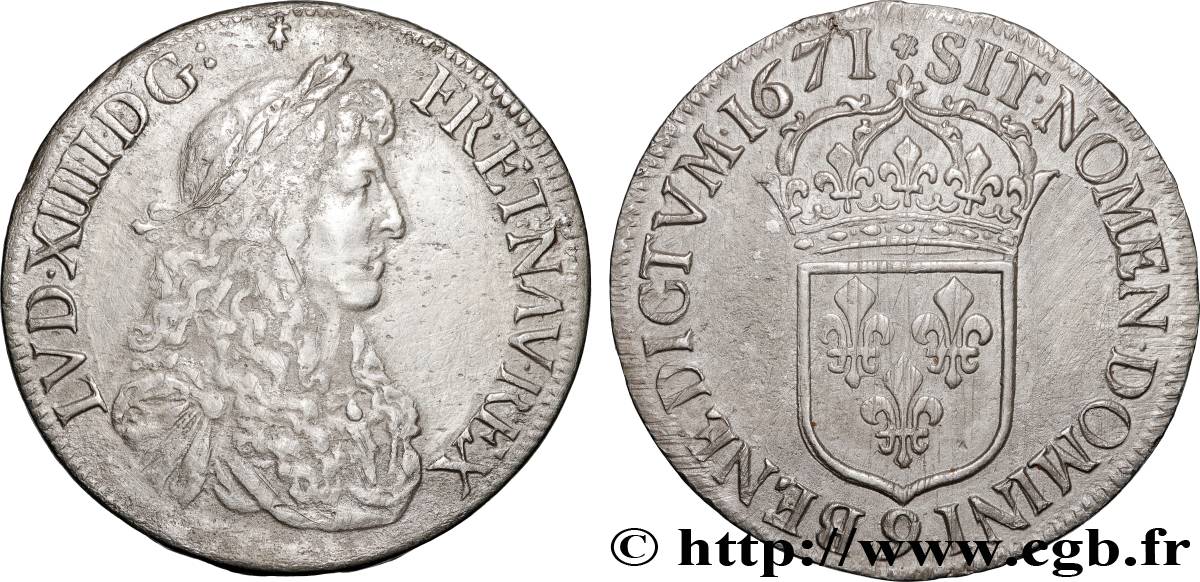 LOUIS XIV LE GRAND OU LE ROI SOLEIL Écu, portrait apollinien 1671 Rennes TB+/TTB