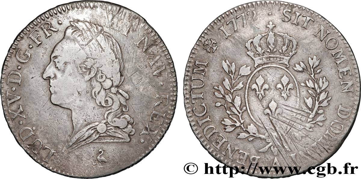 LOUIS XV DIT LE BIEN AIMÉ Écu aux branches d’olivier, buste lauré 1772 Paris TB+