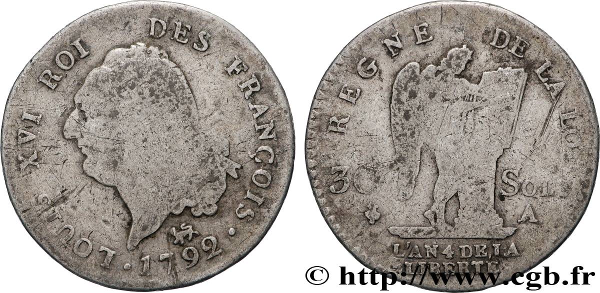 LOUIS XVI (MONARQUE CONSTITUTIONNEL)  30 sols dit  au génie , type FRANÇOIS 1792 Paris TB