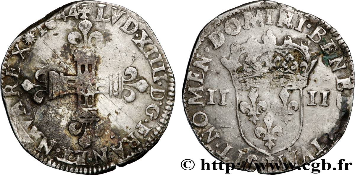 LOUIS XIV LE GRAND OU LE ROI SOLEIL Quart d écu, titulature côté croix 1644 Limoges TB+