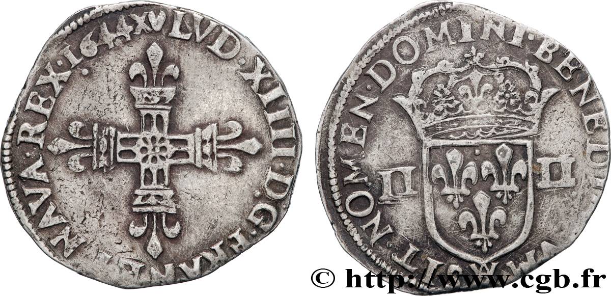 LOUIS XIV LE GRAND OU LE ROI SOLEIL Quart d écu, titulature côté croix 1644 Marseille TTB
